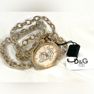 NWT Vintage DOLCE & GABBANA Gold D&G Long Chain Pocket Watch Statement Necklace